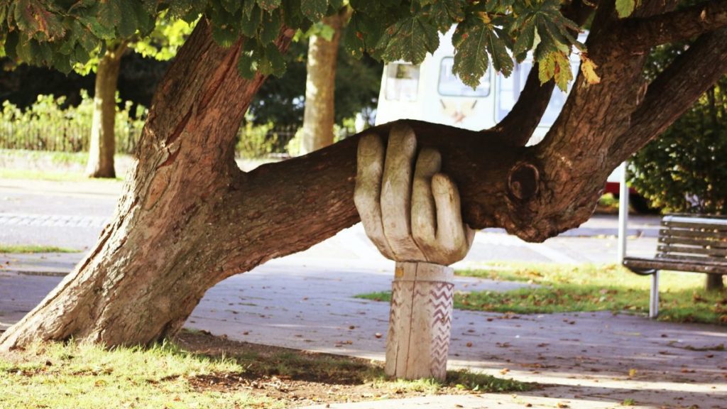A large slanted tree branch held by a wooden carved manmade hand that gives the appearance of support.