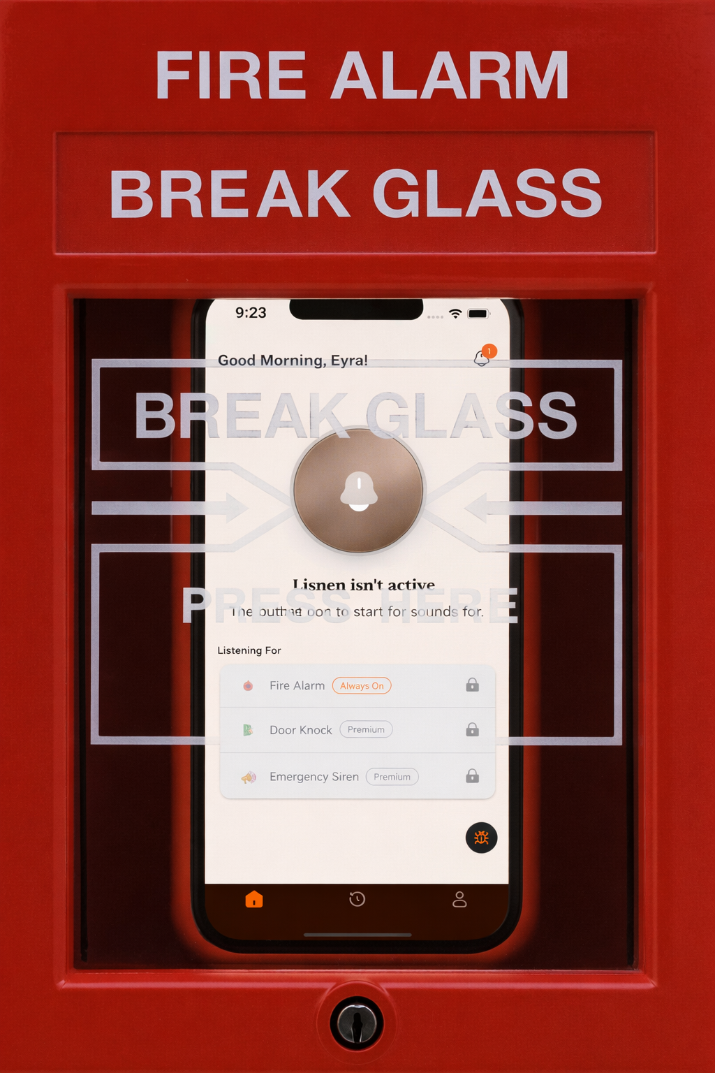 Sound Detection - Lisnen Inc Breaking glass fire alarm box with Lisnen App inside.