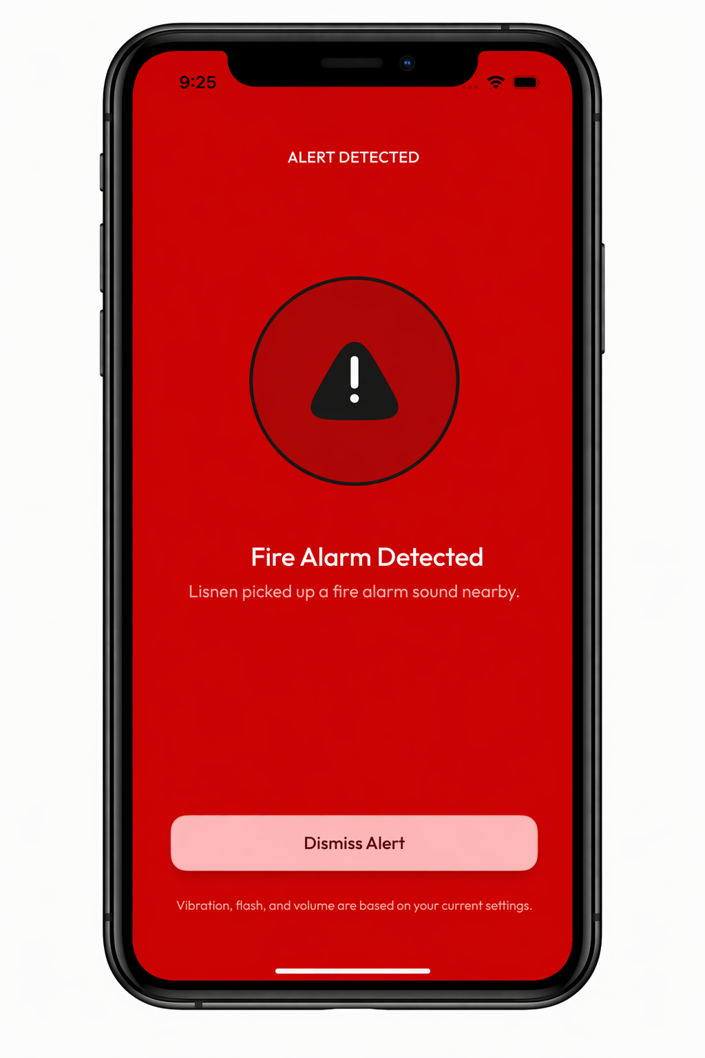 Fire alarm alert displayed on Lisnen App - Latest design in 2026

